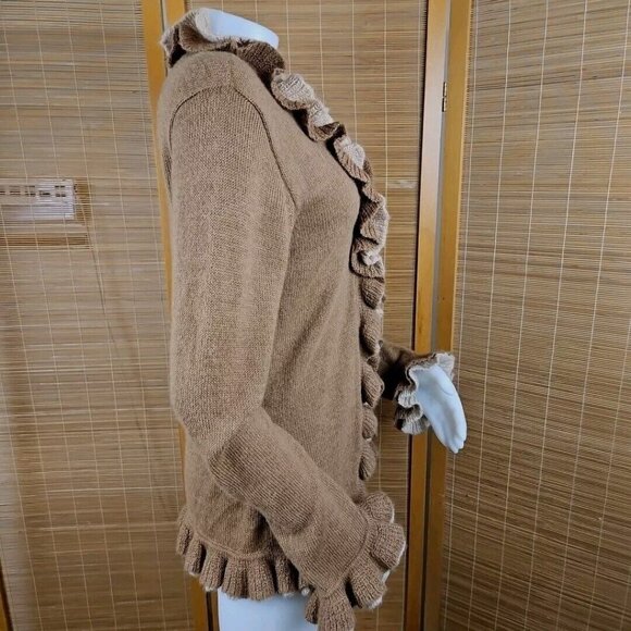 Baby Alpaca Sweater Womens L Beige Brown Ruffled Long Sleeve Cardigan Peru Fibra - Picture 5 of 10